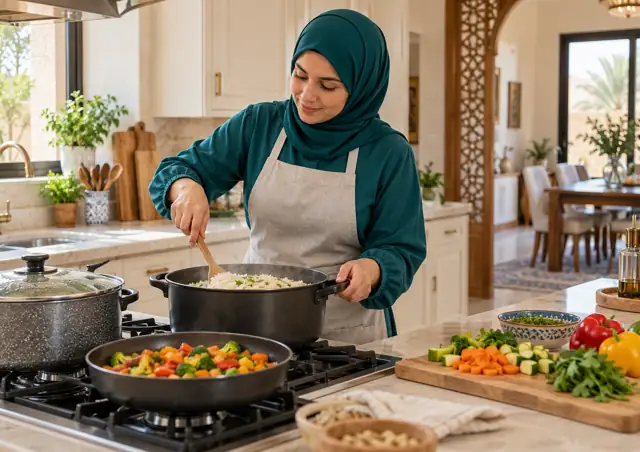 طباخة منزلية تعد الطعام