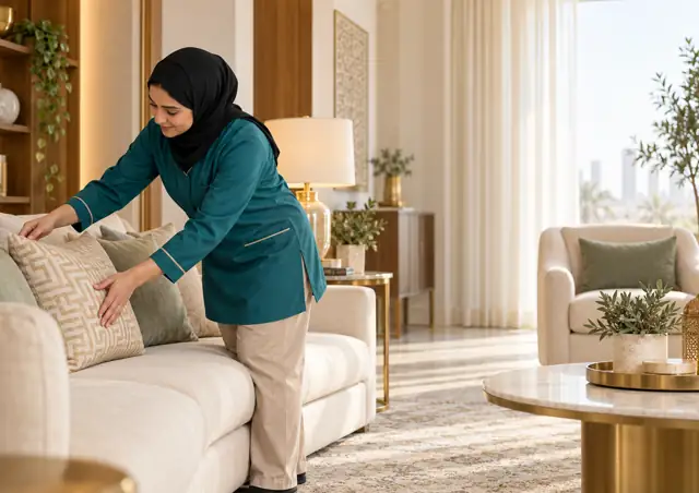 عاملة منزلية ترتب غرفة المعيشة